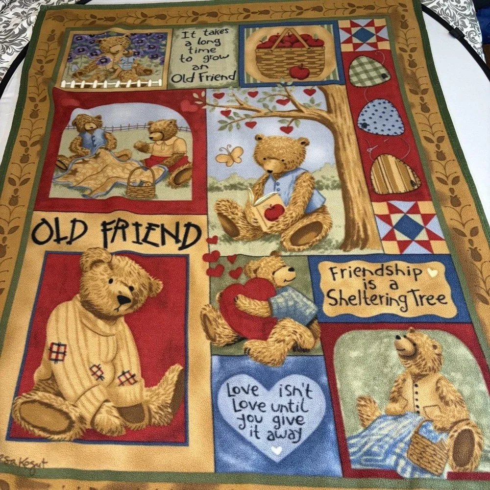 VTG 2004 Old Friend Teresa Kogut Fleece Teddy Bear Blanket Cottage Country Y2K